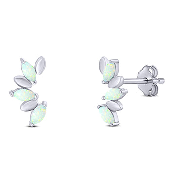 Art Deco Marquise New Style Stud Earring Created White Opal Solid 925 Sterling Silver (11.6mm)